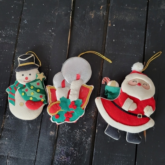 Set of 3 Vintage Plush Ornaments Christmas Tree Snowman Candles Santa Decoration - Picture 1 of 5